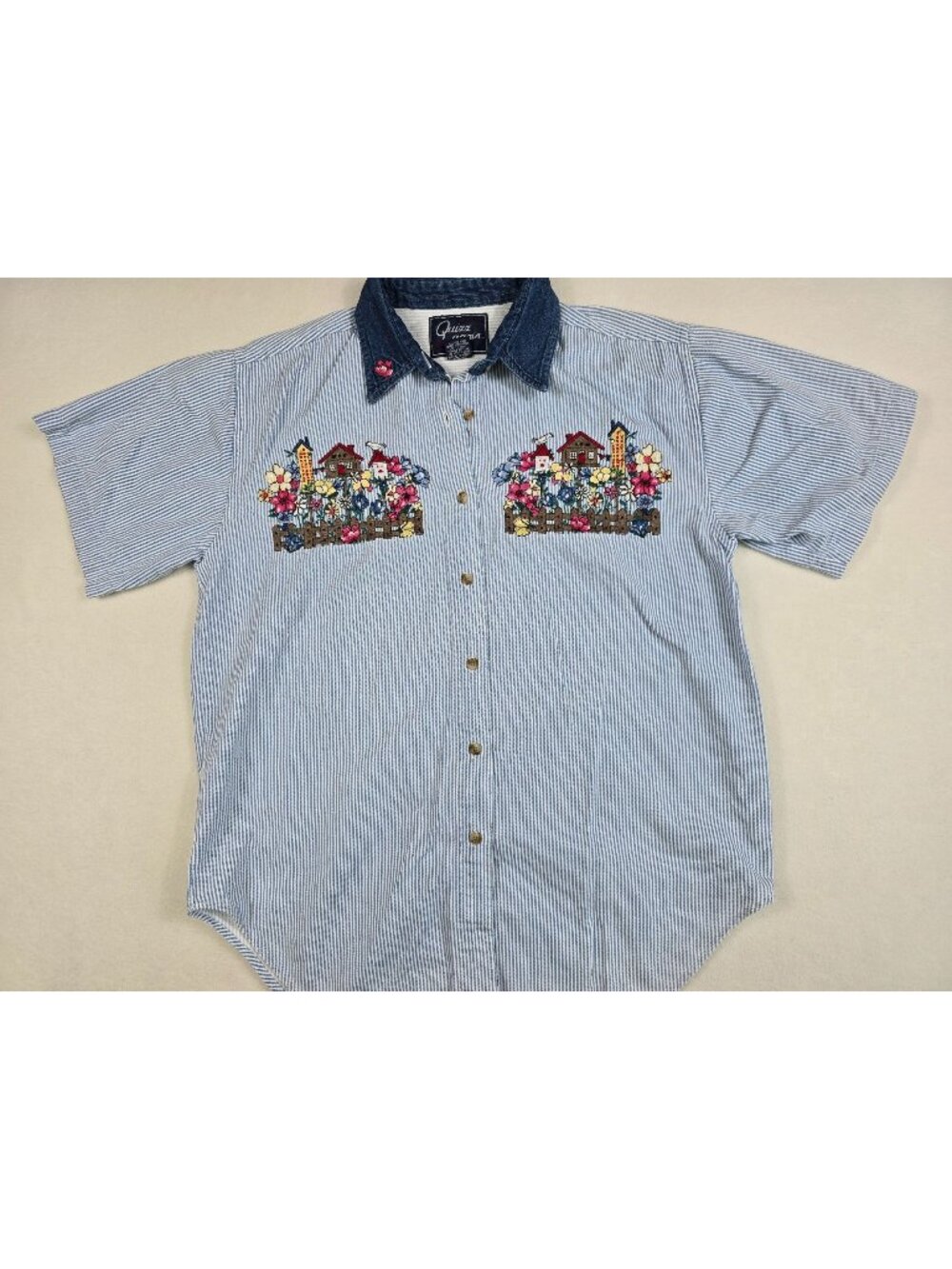 Vintage Embroidered M Floral Garden Button Up Shirt Striped Short Sleeve Teacher